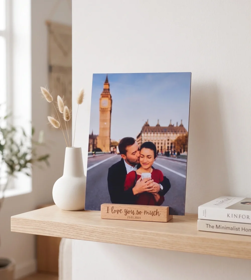 Personalised metal photo gift displayed on a shelf