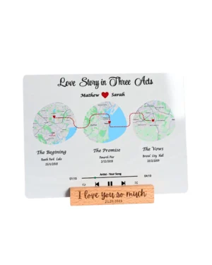personalised 'love story' metal map print with engraved wooden stand