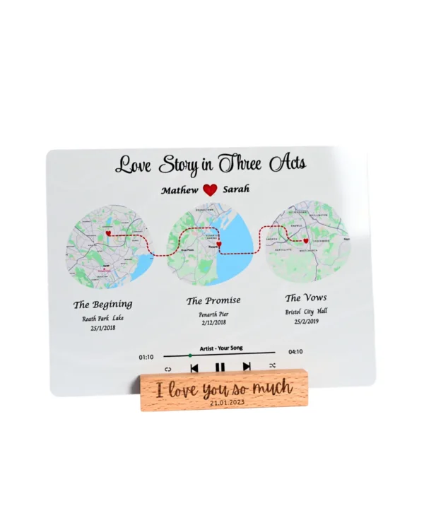 Personalised 'Love Story' Metal Map Print with Engraved Wooden Stand