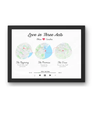 personalised 'love story in three acts' map print (a4 framed)