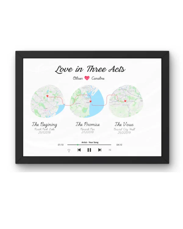 Personalised 'Love Story in Three Acts' Map Print (A4 Framed)