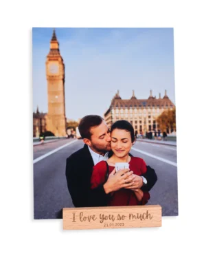 Personalised Metal Photo Desk Block with Laser Engraved Wooden Base