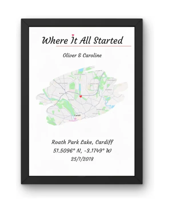 personalised 'where it all started' custom map print (a4 framed)