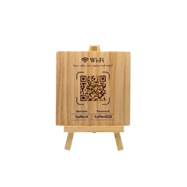 Wooden Custom WiFi Sign with QR Code with Display Stand